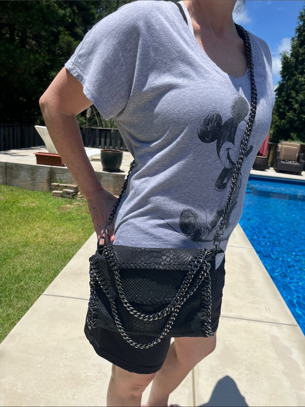 Italian Genuine Leather Snake Embossed Chain Crossbody Shoulder Bag Black - Picture 10 of 11